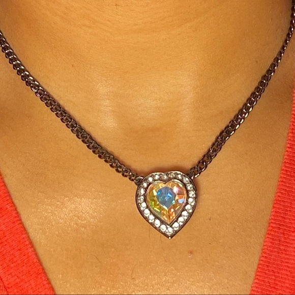 Yves Saint Laurent 1980's Gunmetal Aurora Borealis Crystal Heart Necklace - Picture 3 of 4